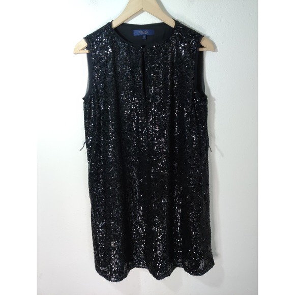 RACHEL Rachel Roy Black Glitter Sleeveless Keyhole Neck Shift Mini Dress Size XS - Picture 3 of 10